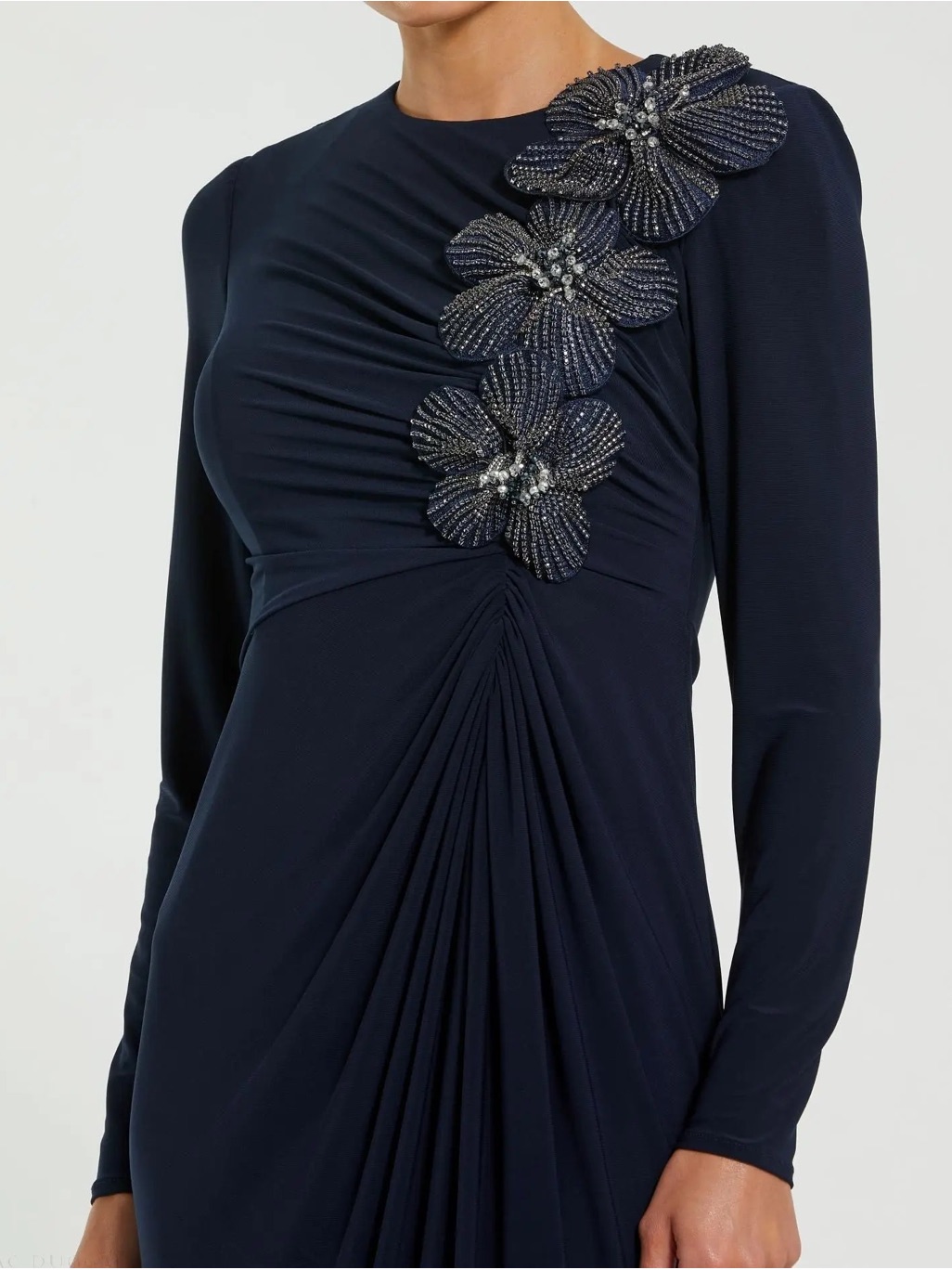 Mac Duggal Navy Jersey Long Sleeve Fitted Gown With 3d Flowers